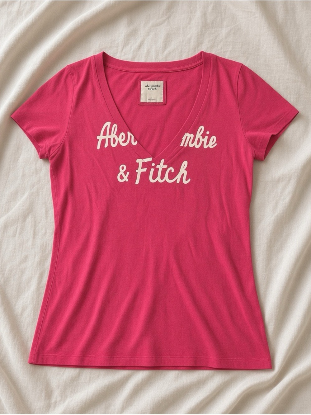 Abercrombie & Fitch Hot Pink V-Neck Logo Tee